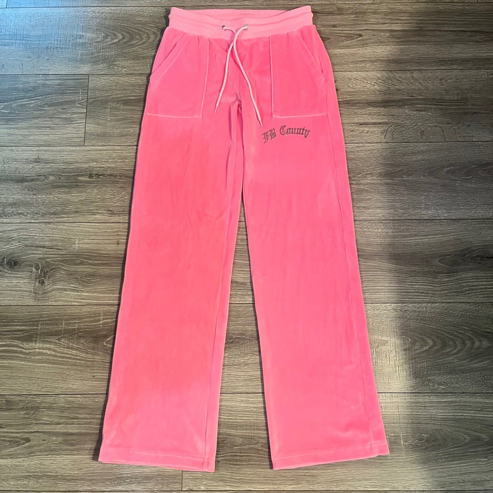 FB County Pink Velour Wide Leg Sweatpants Rhinestone Logo Y2K Size Small